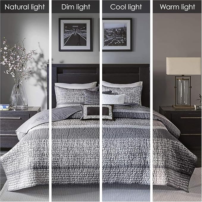 Madison Park Lustrous Jacquard Grey/Taupe Queen Quilt Set, 6pc | All Season Bedding Set, Glitter Accent Coverlet Set, Machine Washable, Cozy, Breathable, Soft, Modern, Casual