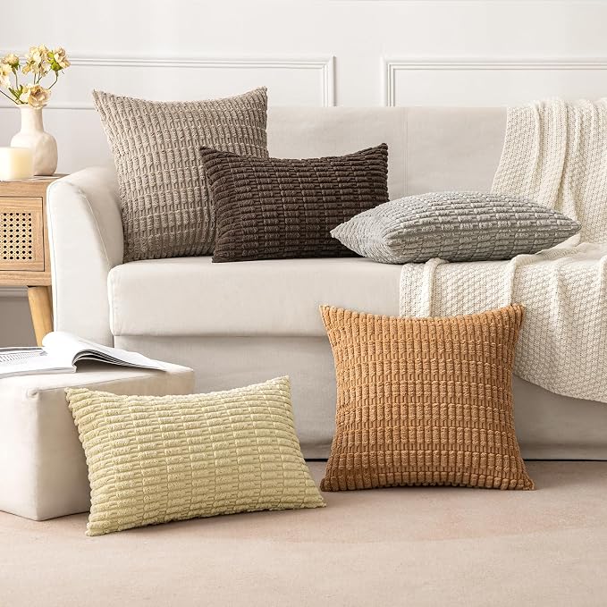MIULEE Corduroy Decorative Throw Pillow Covers 20x20 Brown Pack of 2 | Soft Boho Striped Pillow Covers Modern Farmhouse Fall Home Decor For Sofa Living Room Couch Bed