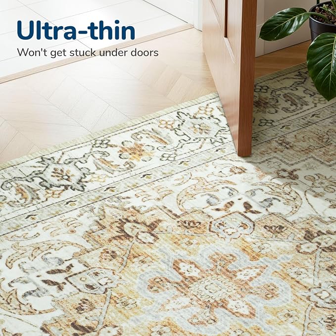 8 x 10 Area Rugs for Living Room, Washable Bedroom Large Rug, Beige | Boho Low Pile Rug for Dining Room, Floral Medallion Vintage Carpets with Non-Slip Backing, Kids Pet Friendly, Fit All Vacuums