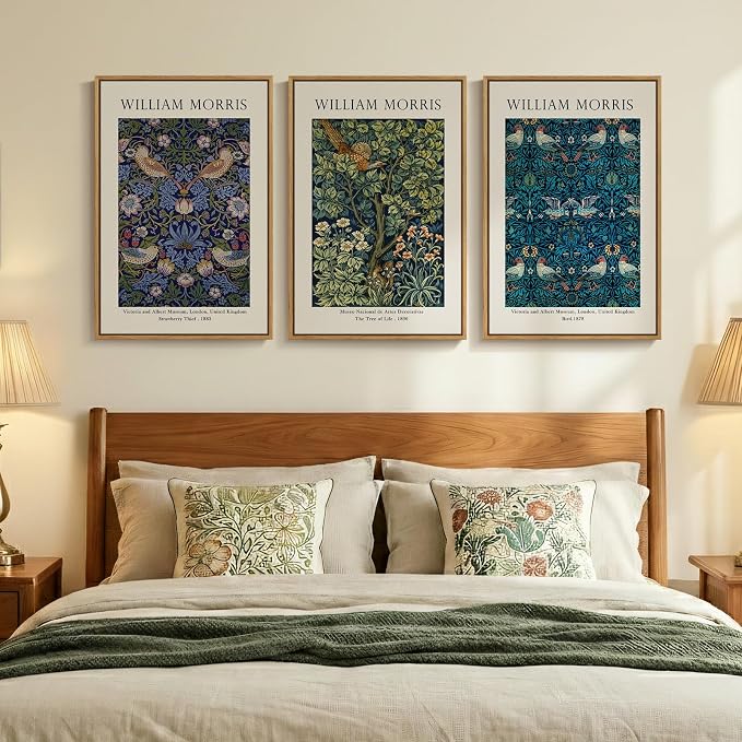 Large Framed Vintage William Morris Strawberry Thief Wall Art, Set of 3 | Fine art, Canvas artwork, Retro classic, Floral illustrations, 30x60 inch, Living room, Bedroom, Dining room, Hallway decor