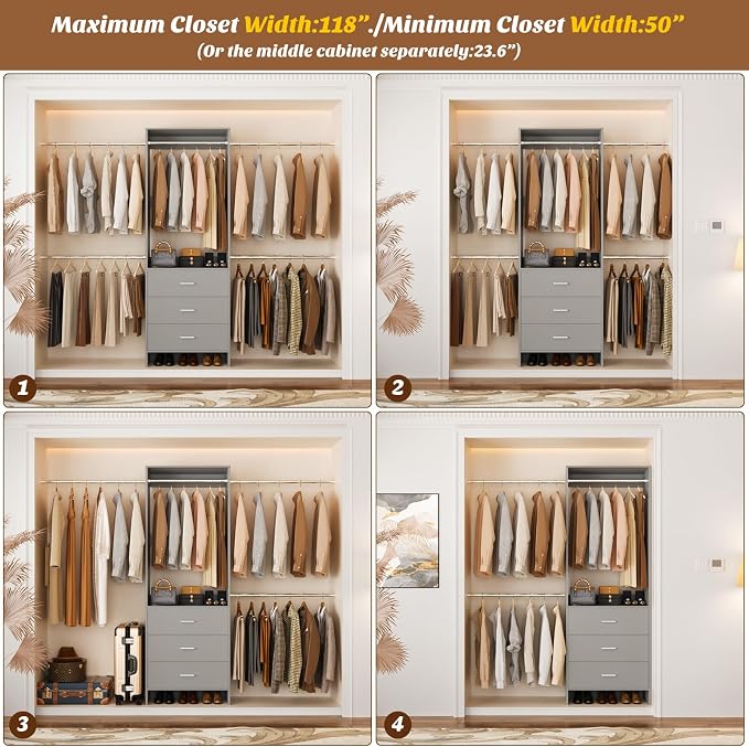 Aheaplus Closet System, 4.2-9Ft Closet Organizer with with 4 Rods, Grey | for Walk in Closet, Wardrobe Clothes Rack with Wooden Drawers, Garment Rack