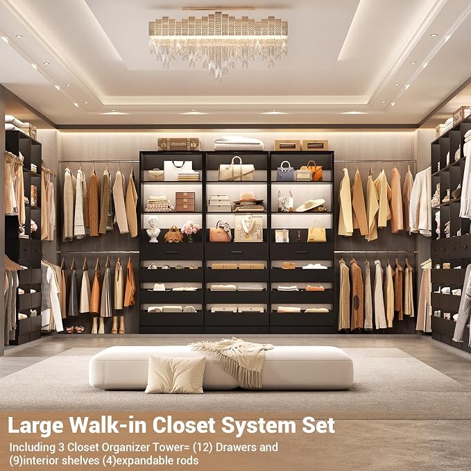 Aheaplus Closet System with 12 Drawers, 8.5-11.5Ft Wood Closet Organizer | Black Closet Storage with 4 Hanging Rods & 3 Towers, 4Ft & 6Ft L-Shaped Walk-in Closets Wardrobe Organizer, Set of 3