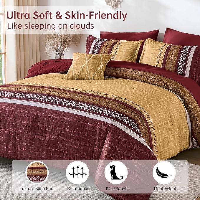 Dintszyayue Burgundy Queen Comforter Size Set, 8 Pieces Boho Striped Texture Bed in a Bag Sets, Lightweight Soft Bohemian Comforter and Sheet Set, All Season Microfiber Bedding Sets for Men Women