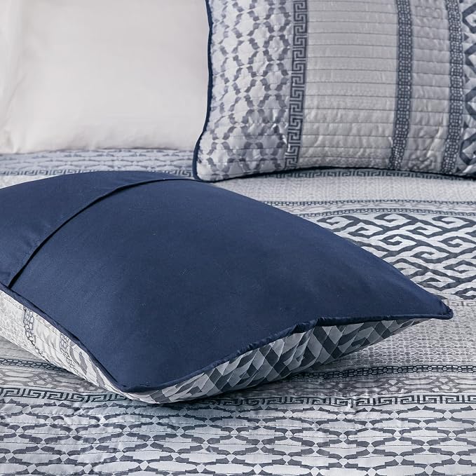 Madison Park Quilt Set Luxurious Jacquard Stripes Design - All Season, Coverlet Bedspread Lightweight Bedding Layer, Shams, Decorative Pillow, King/Cal King(104"x94"), Geometric Navy 4 Piece | All Season Bedding Set, Lightweight, Geometric, Machine Was...