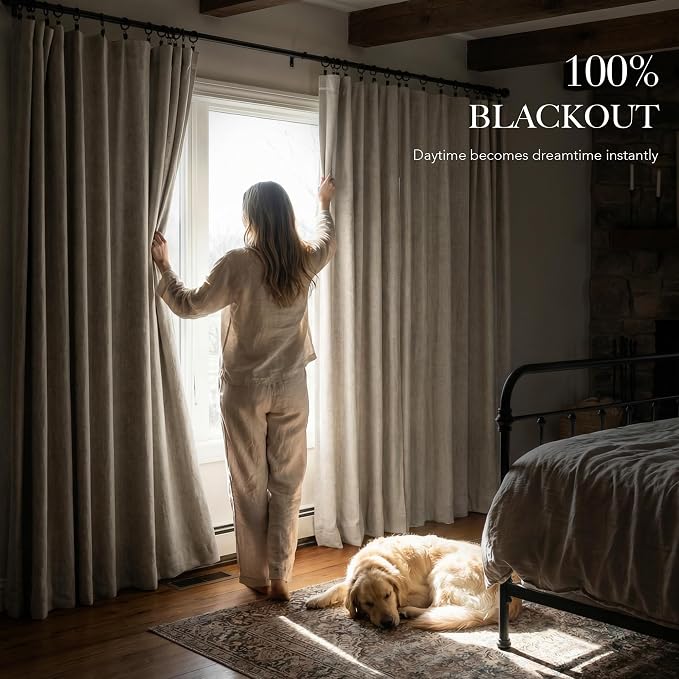 RYB HOME 100% Blackout Linen Textured Curtains 96 Inch Long for Dining Room | Thermal Insulating Privacy, Energy Saving, Window Theater, For Bedroom Living Room Office Nursery, Linen, W52 x L96, 2 Panels