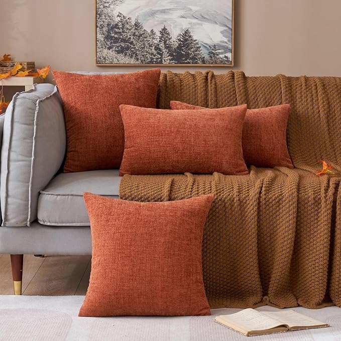 MIULEE Soft Chenille Fall Throw Pillow Covers Burnt Orange 16x16 Pack of 2 | Modern Fall Home Decor, Classic Decorative Pillows, Solid Dyed Cases, Boho Couch Cushion Covers for Sofa Bed Living Room
