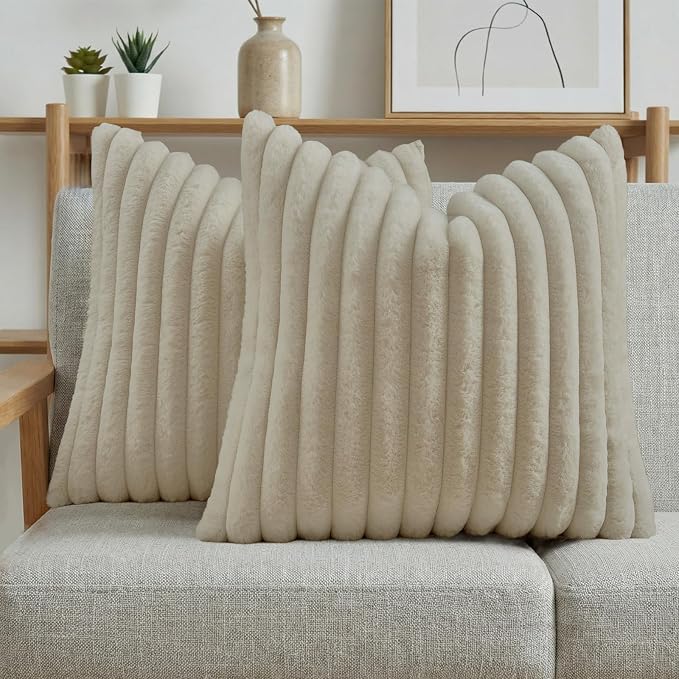FUTEI Pack of 2 Faux Fur Throw Pillow Covers 18x18 Inch, Beige | Fluffy Faux Rabbit Fur Front/Premium Velvet Back,Hidden Zipper,Machine Washable,Non-Shedding,Colorfast,Insert Not Included.