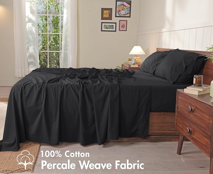 RUVANTI 100% Cotton Percale Sheets Split King Size, Jet Black | Crisp Cooling, Deep Pocket 16", Soft Breathable & Durable, Hotel-Style, 5 Piece Set