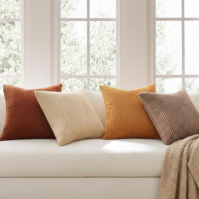 Topfinel 20x20 Inch Pillow Covers Set of 4 Rustic Modern Soft Corduroy Striped Decorative Cushion Cover Yellow Brown Gradient Farmhouse Pillow Case for Sofa Couch Living Room Bedroom