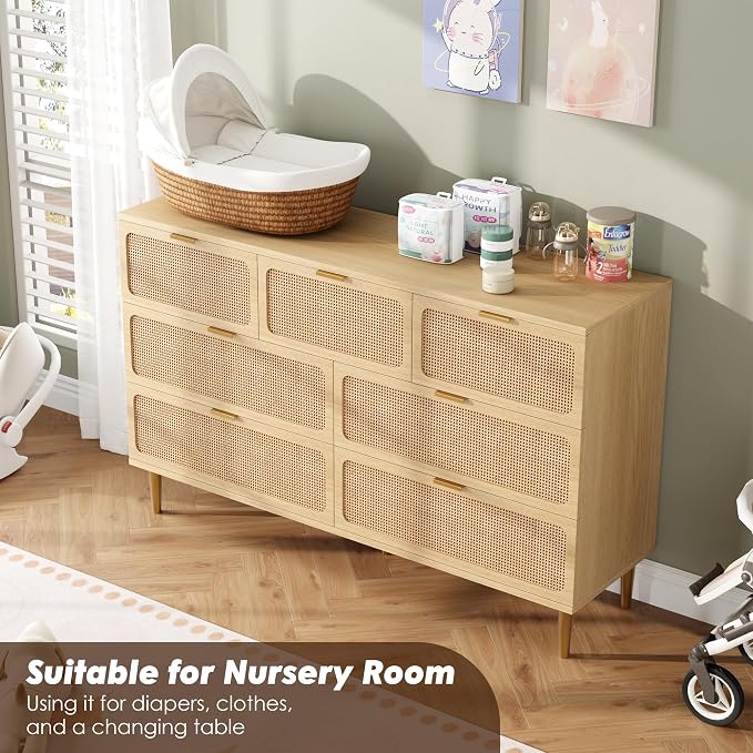 GarveeHome Rattan 7 Drawer Dressers for Bedroom, Deep Drawer, Natural | Tall Dresser, Wide Top, for Living Room, Hallway, Kids Room, Large Chest of Drawers for Closet, Long Wooden Dresser