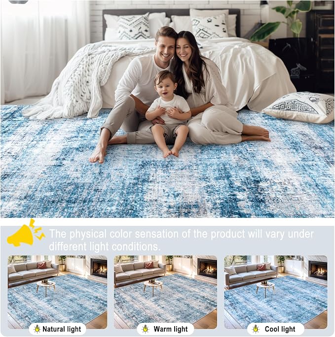 PLHXFR 10x12 Area Rug Living Room: Modern Abstract Washable Carpet Blue | For Bedroom Dining Room Farmhouse Nursery Home,Machine washable,Non Slip,Large Soft Neutral,Stain Resistant, Indoor Floor