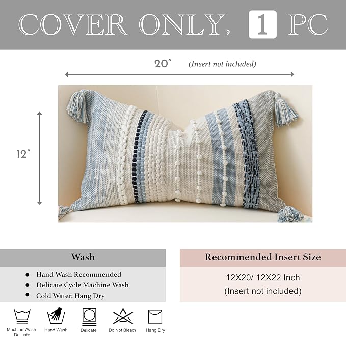 Decorative Lumbar Throw Pillow Cover 12x20 Coastal Blue Accent Cushion for Couch Sofa Farmhouse Pillowcase for Bedroom Living Room Home Décor Cover ONLY