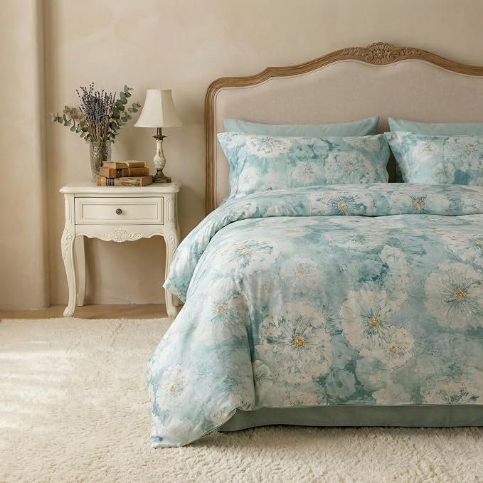 HeimenAogo Egyptian Cotton Duvet Cover Queen Size Sateen Weave, Silky Soft Duvet Cover with Zipper Closure, Long Staple Cotton Bed Linen Watercolor Floral 3 Pcs