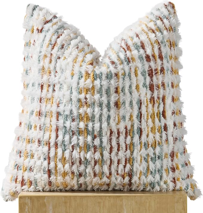 AmHoo Boho Chenille Pillow Cover Decorative Tufted Pillowcase for Couch Bed Sofa Bedroom Living Room Modern 20 x 20-Inch Brown White