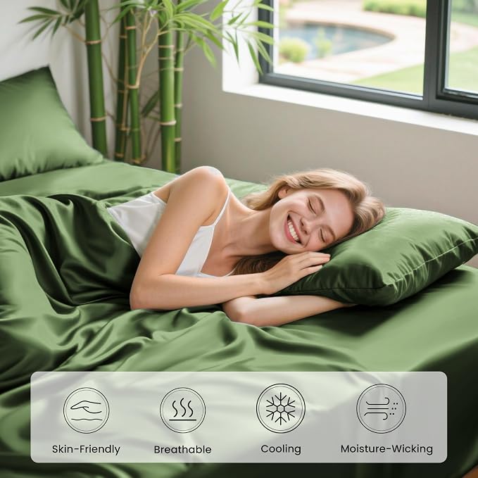 Love's cabin 4 Piece California King Size Sheet Set, 100% Rayon Derived from Bamboo, Cooling & Breathable, Soft Silky Deep Pocket up to 16", Hotel Luxury Bedding for Hot Sleepers, Olive Green