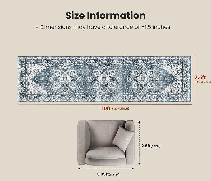 AMADA HOMEFURNISHING 2'6"x10' Washable Area Rug, Low-Profile Entryway Rug with Non-Slip Backing & Durable Edge Binding, Vintage Rug Pattern, Small Rugs for Entryway, Kitchen & Living Room
