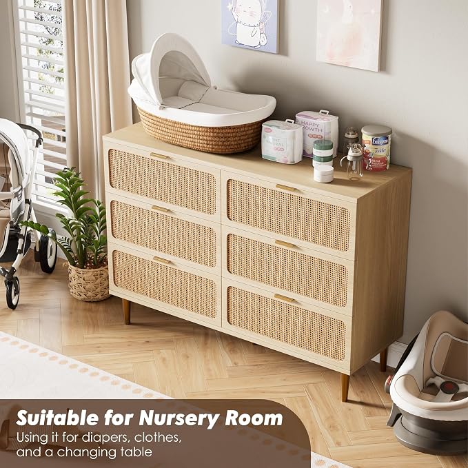 GarveeHome Rattan 6 Drawer Dressers for Bedroom, Deep Drawer, Natural | Tall Dresser, Wide Top, for Living Room, Hallway, Kids Room, Large Chest of Drawers for Closet, Long Wooden Dresser