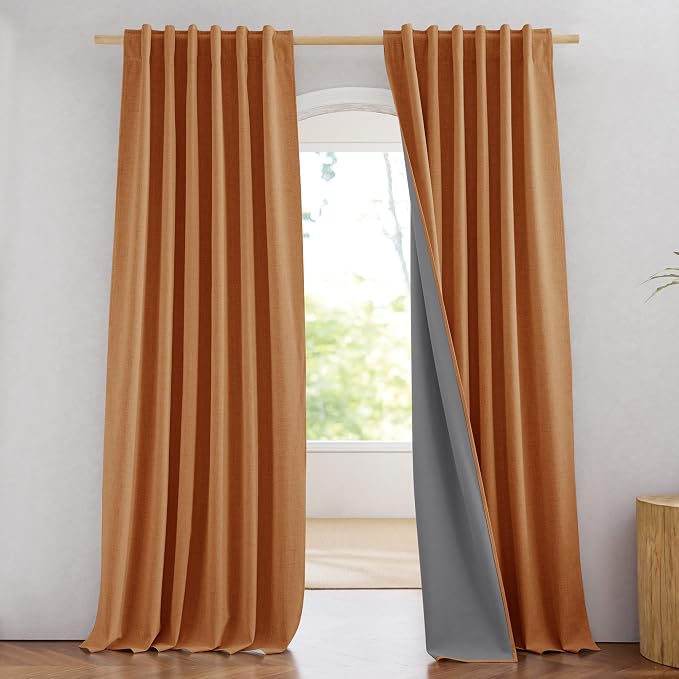 NICETOWN 100% Blackout Linen Curtains 90 inch Long 2 Panels, Burnt Orange | Warm Bedroom Curtains Thermal Insulated, Noise Reducing, Privacy Protection, Halloween Atmosphere Decoration, W52" x L90"