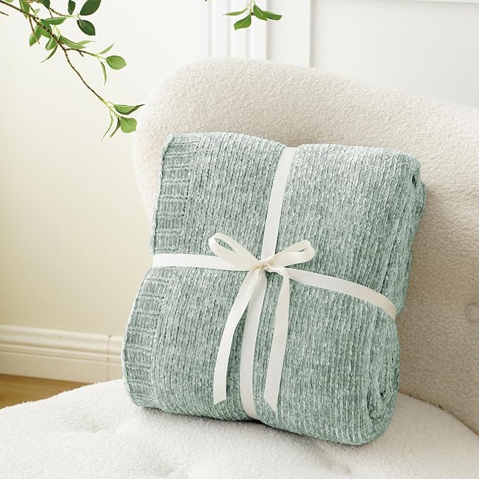 BATTILO HOME Sage Green Throw Blanket for Home Decor, Chenille Knit Throw Blanket for Couch, Sofa, Chair, Cozy Soft Blanket, 51"x67" | Shiny Chenille Blanket, Sage Knitted Blanket, Cozy Soft Spring Summer Blanket Throw, Warm & Midweight