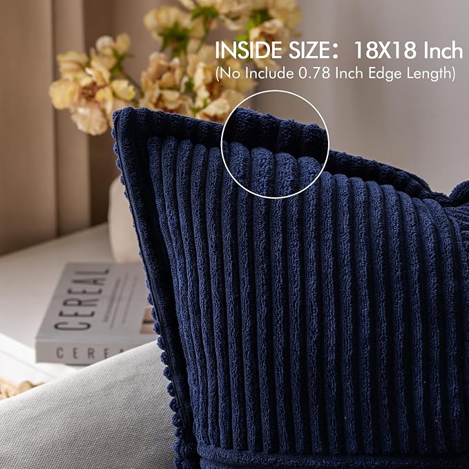 MIULEE Decorative Throw Pillow Covers for Couch 18x18 Inch Navy Blue 2 Pack | Boho Broadside Striped Patchwork Pillow Covers, Soft Corduroy Cushion Cases, For Sofa Bed Livingroom Home Decor