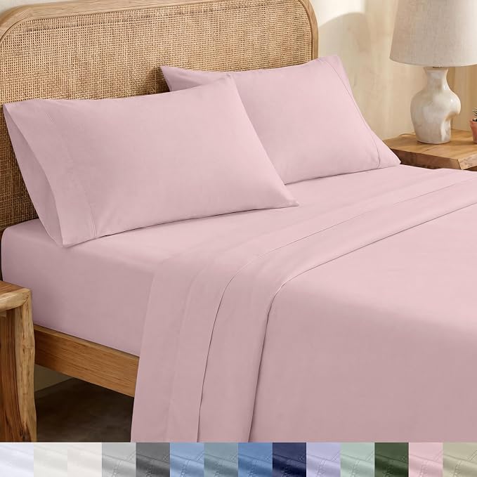 California Design Den Organic Cotton King Size Sheets Deep Pocket Set, Pink | GOTS Certified, Lightweight Crisp & Airy Percale For Hot Sleepers, 15" Deep Pocket, All-around Elastic - Pink - Chalky Tone