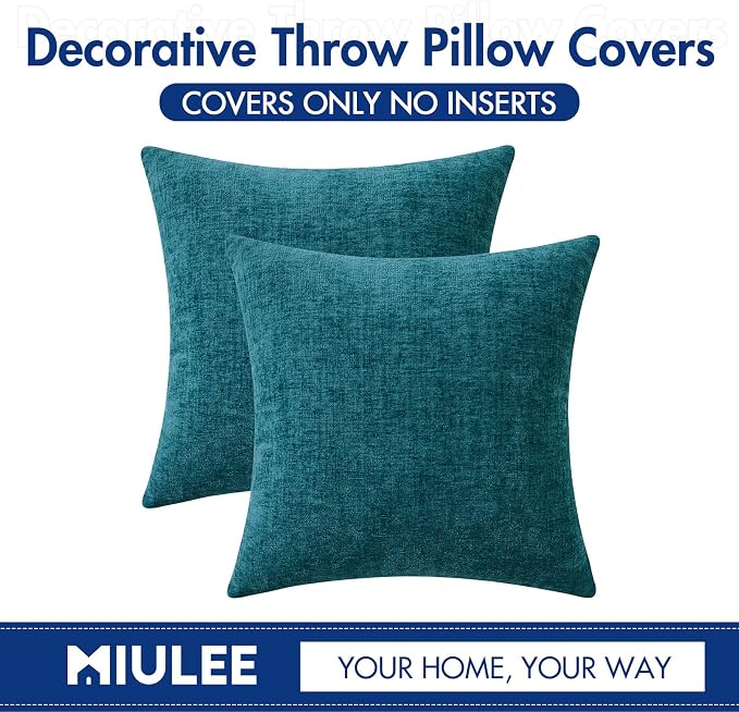 MIULEE Soft Chenille Throw Pillow Covers Dark Teal 18x18 Inch Pack of 2 | Modern Coastal Home Decor, Classic Decorative Pillows, Solid Dyed Cases, Boho Couch Cushion Covers for Sofa Bed Living Room