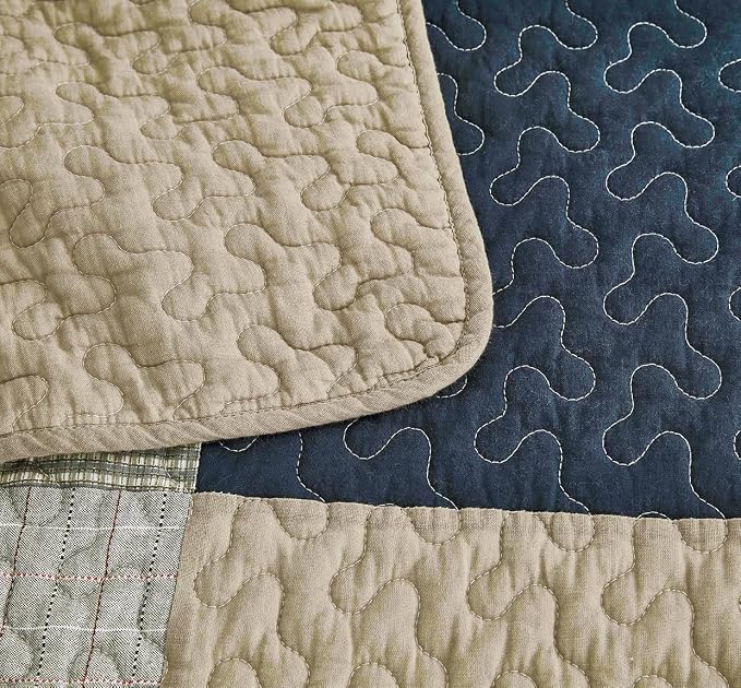 Chezmoi Collection Samuel 3-Piece Navy Blue White Gray Taupe Plaid Square Patchwork Quilt Set - Pre-Washed Cotton Quilted Lightweight Reversible Bedspread for All Seasons, Oversized King Size