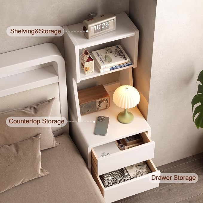Solid Wood Bookshelf Nightstand Combo, Tall Nightstand with Bookshelf | White Nightstand Bookshelf,Solid Wood Nightstand with Drawers,Open Shelf Bookcase,for Bedroom,Living Room,Offices