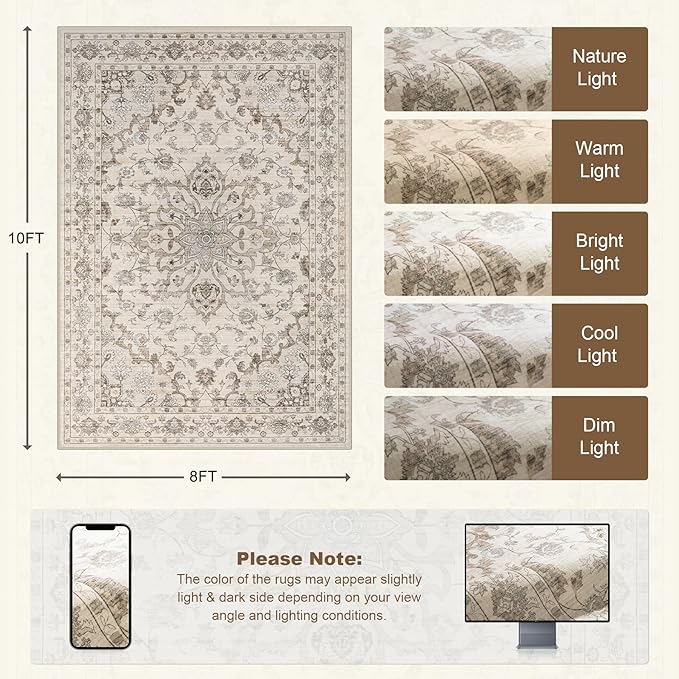 8x10 Area Rugs Living Room: Washable Rug for Bedroom Brown Beige | Boho No Slip Stain Resistant Rug Soft Indoor Decor Floor Floral Area Rugs for Dining Room, Nursery, Hallway, Home Office