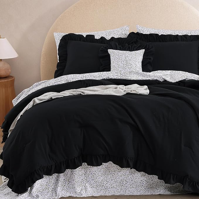 King Size Comforter Set-7 Pieces Ruffle Bedding Floral Sheet | Black Bed in a Bag, Soft Lightweight All Season Farmhouse King Size Bedding Sets with Floral Sheets, Pillowcases & Shams
