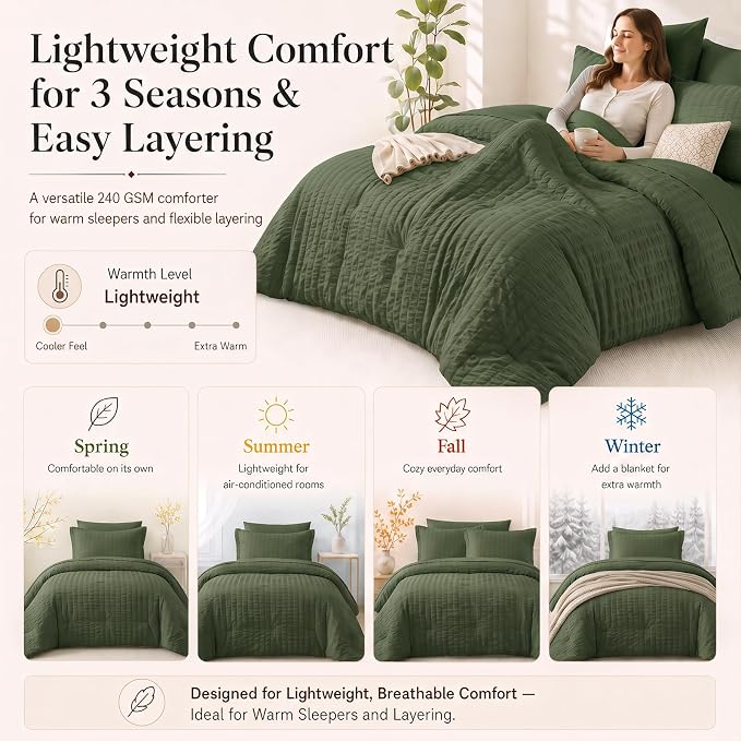 Oversized King Seersucker Comforter Set, Olive Green, 120 x 98 in | OEKO-TEX Certified, 7 Pieces Bed in a Bag with 240 GSM Down Alternative Comforter, Flat & Fitted Sheets, Pillowcases & Shams