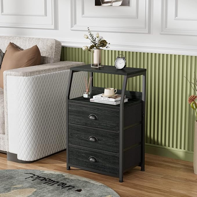 Furnulem Black Night Stand, Small Bedside Table for with 3 Fabric Drawers | Night stand with Drawers and 2-Tier Shelf, Small Dresser with Metal Frame and Wood Top, Storage Drawers for Dorm, Living Room