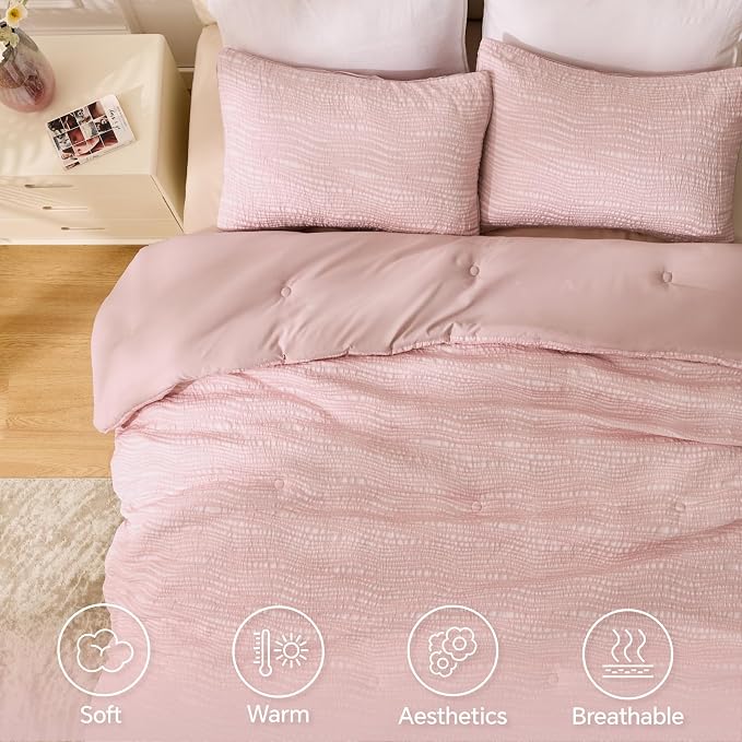 BEDELITE King Comforter Set Striped-Blush Pink,Lightweight & Soft Comforter | Pintuck Boho Bedding, Warm & Cute Bed Set for All Season,With 2 Pillowcases