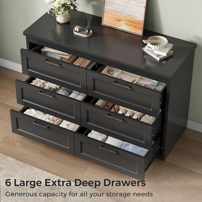 Jocoevol Black 6 Drawer Dresser for Bedroom, 47.2" Modern Chest of Drawers | Wooden Storage Dresser with Mental Handle, Large Double Dresser with 5.9" Deep Drawers for Living Room, Hallway Entryway