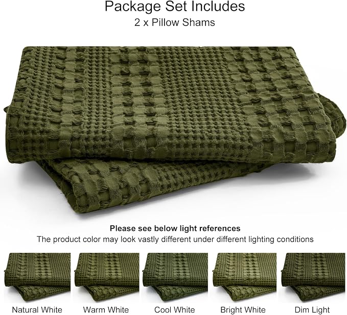 PHF 100% Cotton Waffle Pillow Shams King Size, 2 Pack 20" x 36" Soft Skin-Friendly Pillowcases, No Filling, Aesthetic Woven and Breathable Waffle Weave Pillow Case Covers for Bed, Capulet Olive