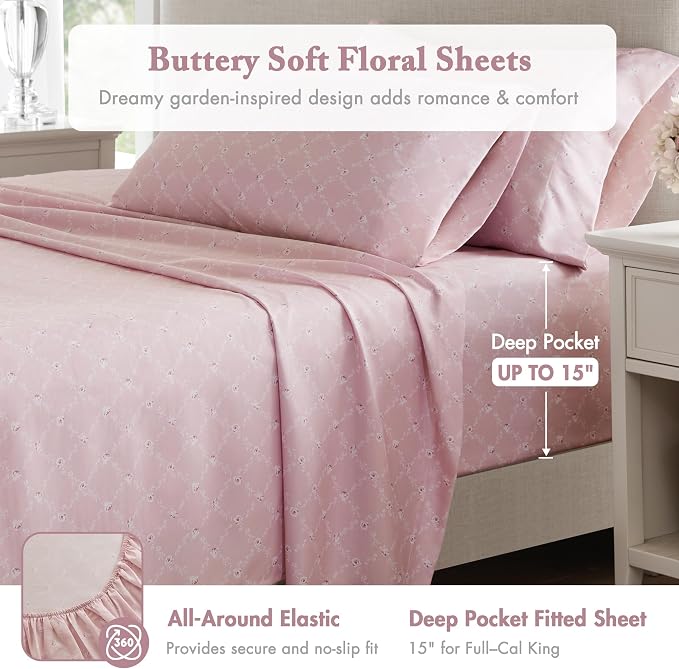 Madison Park Essentials Pink Floral Comforter Set with Sheets King,7pc | Vintage, Ruffle Bed in a Bag, Reversible, Elegant Bedding Set, All Season, Machine Washable, Wrinkle Resistant, Ultra Soft