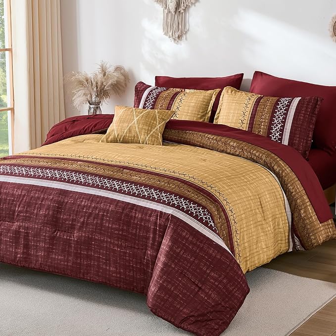 Dintszyayue Burgundy Queen Comforter Size Set, 8 Pieces Boho Striped Texture Bed in a Bag Sets, Lightweight Soft Bohemian Comforter and Sheet Set, All Season Microfiber Bedding Sets for Men Women