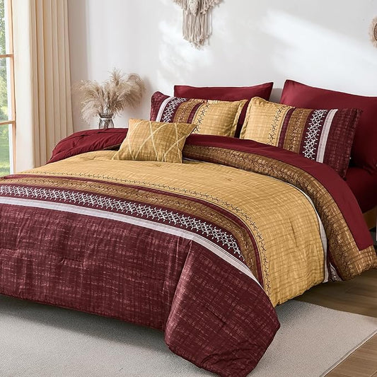 Dintszyayue Burgundy Queen Comforter Size Set, 8 Pieces Boho Striped Texture Bed in a Bag Sets, Lightweight Soft Bohemian Comforter and Sheet Set, All Season Microfiber Bedding Sets for Men Women