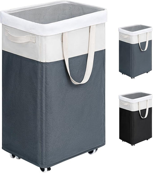 Goodpick 75L Rolling Dirty Clothes Hamper with Wash Bag for Laudnry | Clothes Hamper with Wheels and Handles for Dirty Clothes, Fodable Hamper for Laundry Room, Dorm Room, Grey & White