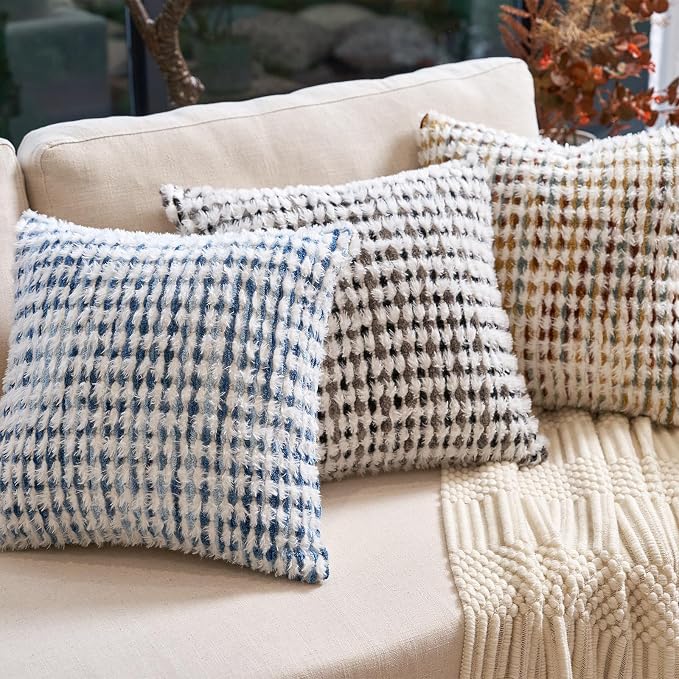 Aeckself Boho Chenille Tufted Pillow Cover 18x18 Inch, Decorative Square Throw Pillow Cover Neutral Pillowcase for Couch Bedroom Living Room, Blue White