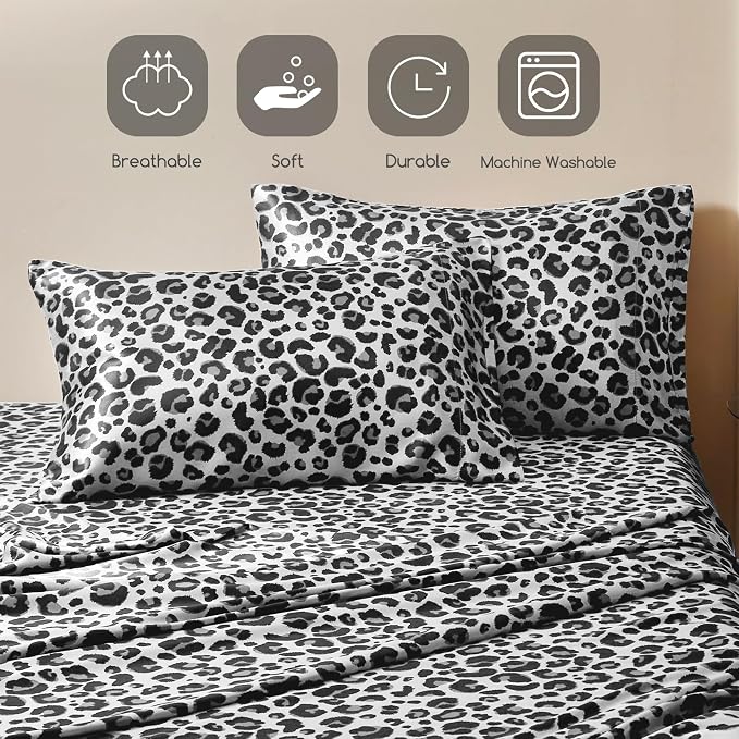 MR&HM Satin Sheets Queen Size with Elastic Corner Straps, White Leopard | Similar to Silk, 4-Piece Silky Soft Bed Sheet Set, Gentle on Skin and Hair, 15" Deep Pocket, Cooling & Breathable