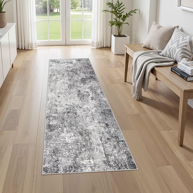 UERMEI 2x6 Washable Runner Rug for Hallway, Non Slip Low Pile Kitchen Carpet, Neutral Modern Abstract Indoor Floor Mat for Entryway Laundry, Kid & Pet Safe High Traffic Area, Grey