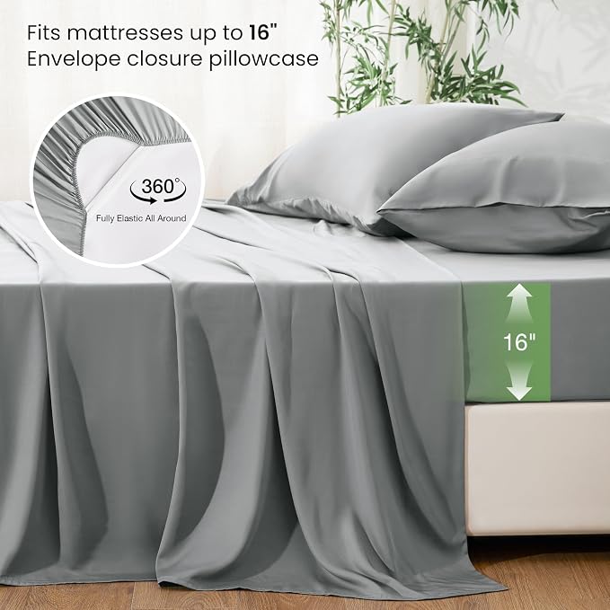 Love's cabin 4 Piece California King Size Sheet Set, 100% Rayon Derived from Bamboo, Cooling & Breathable, Soft Silky Deep Pocket up to 16", Hotel Luxury Bedding for Hot Sleepers, Light Grey