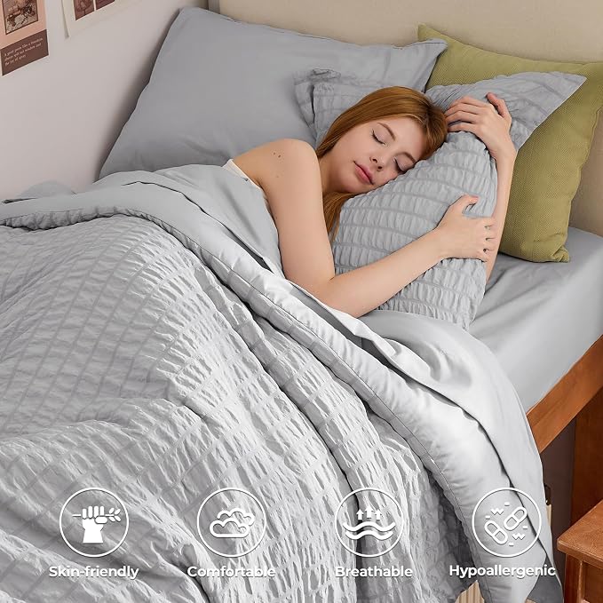 HYMOKEGE Light Grey Twin Comforter Set Seersucker 5 Pieces, All Season Luxury Bed in a Bag for Bedroom, Bedding Set with Comforters, Sheets, Pillowcase & Sham