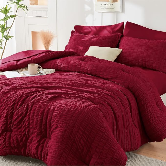 HYMOKEGE Burgundy Duvet Cover Full Size, Ultra Soft 3-Piece Seersucker Duvet Cover Set with Zipper Closure, Soft Brushed Microfiber Bedding Set with 8 Corner Ties (80"x90", 2 Pillowshams)