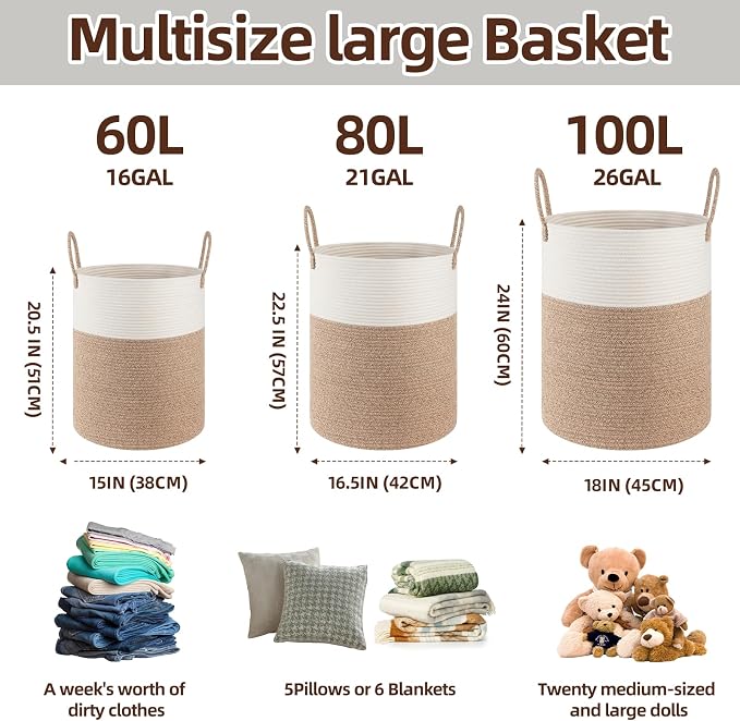 OIAHOMY 60L Nursery Hamper Laundry Basket Laundry Hamper Gradient Brown | collapsible Blanket Basket Cotton Rope Woven Basket Dirty Clothes Hamper Baby Hamper Tall Clothes Hamper with Handles