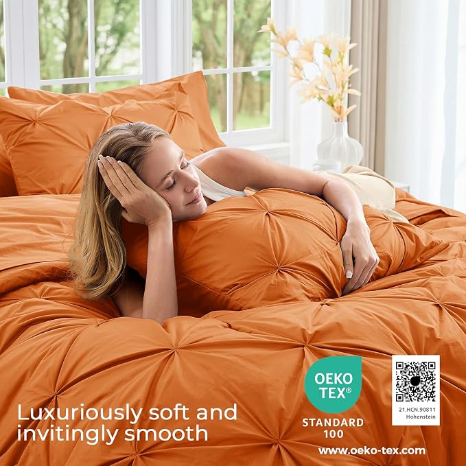 Sasttie Full Size Comforter Set, 7-Piece Bed in a Bag Double, Pintuck Bedding Set for All Season, Includes Comforter, Flat Sheet, Fitted Sheet, Pillowcases and Pillowshams, Coral Orange