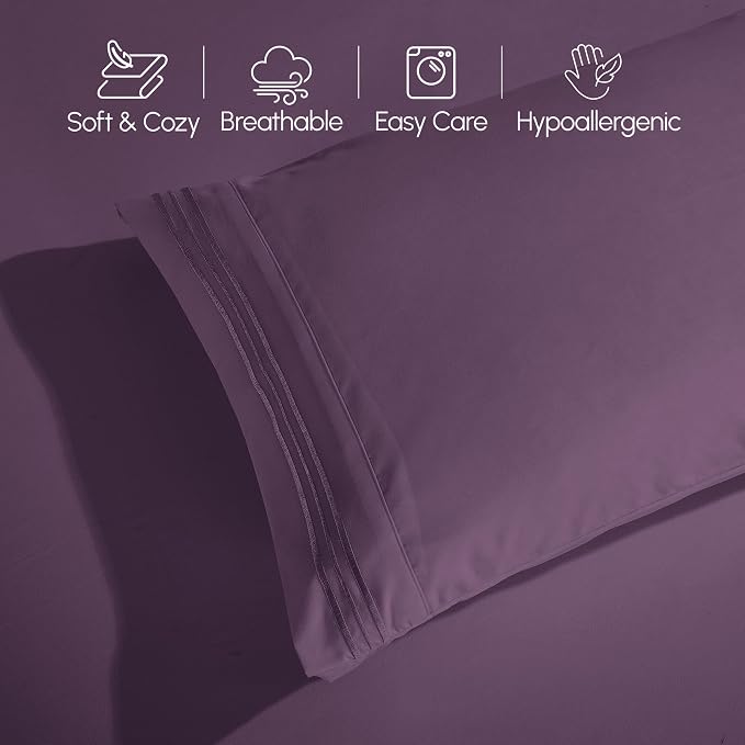 Elegant Comfort Luxurious 1500 Premium Hotel Quality Microfiber 4-Piece Sheet Set, 18-24 Inches Deep - Extra Deep Pocket Sheets - Ultra Soft 4PC Deep Pocket Sheets, Queen, Eggplant-Purple