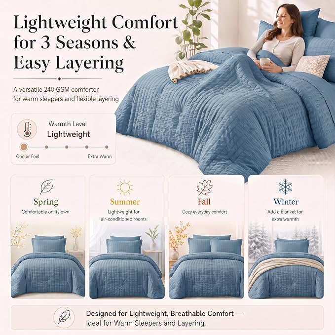 California King Comforter Set, Grayish Blue Seersucker Bed in a Bag | OEKO-TEX Certified, 7 Pieces Bedding Sets with 240 GSM Down Alternative Comforter, Flat & Fitted Sheets, Pillowcases & Shams