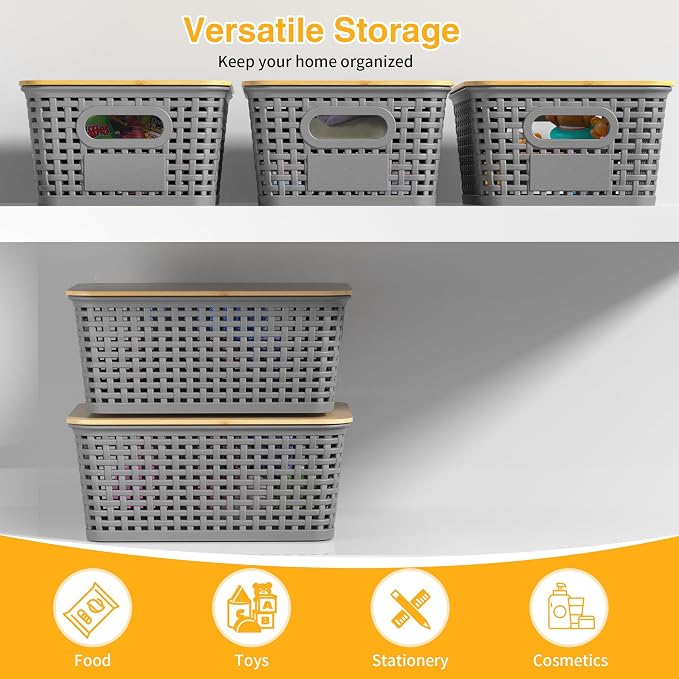 6 Pack Plastic Storage Baskets,Gray bamboo lid storage Box | Labels, Stackable, For Organizing Shelves Pantry Drawers Desktop Closets Organizing Desktop Closet Playroom Classroom